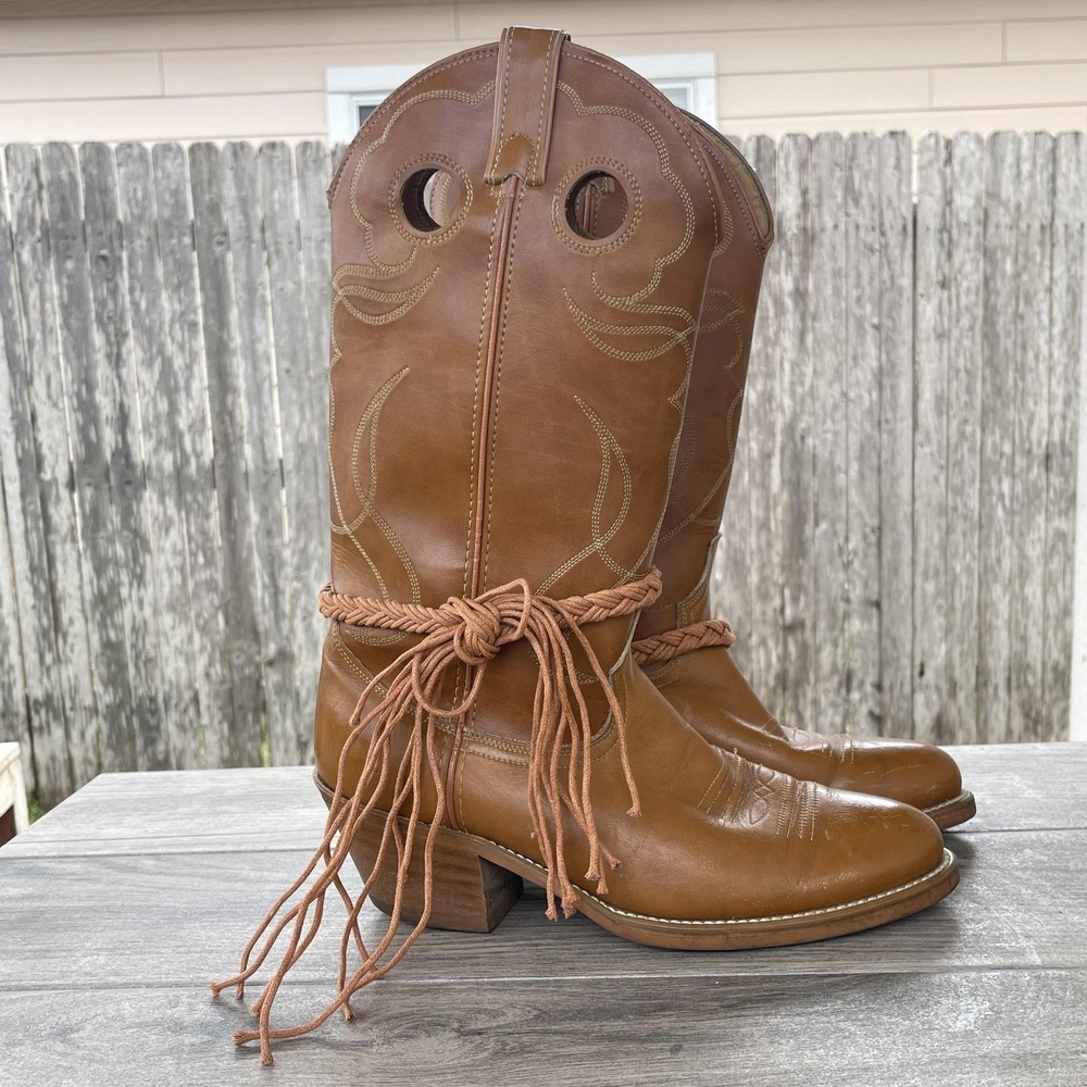 ACME Western Cowboy Boots Women 7.5 D Brown Leather Fringe Rope Stacked Heel USA